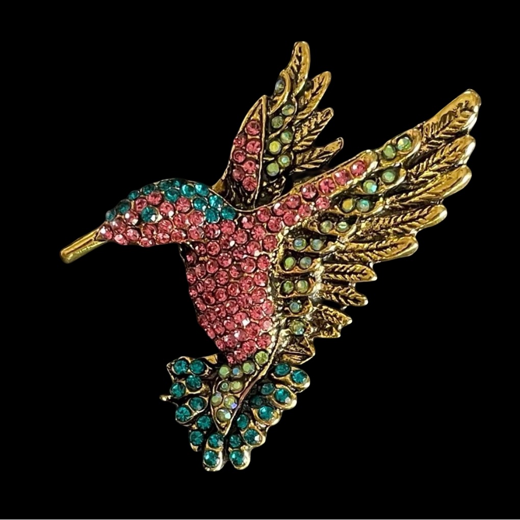 Vintage Goldtone Hummingbird Brooch With Multicolored Rhinestones 45$